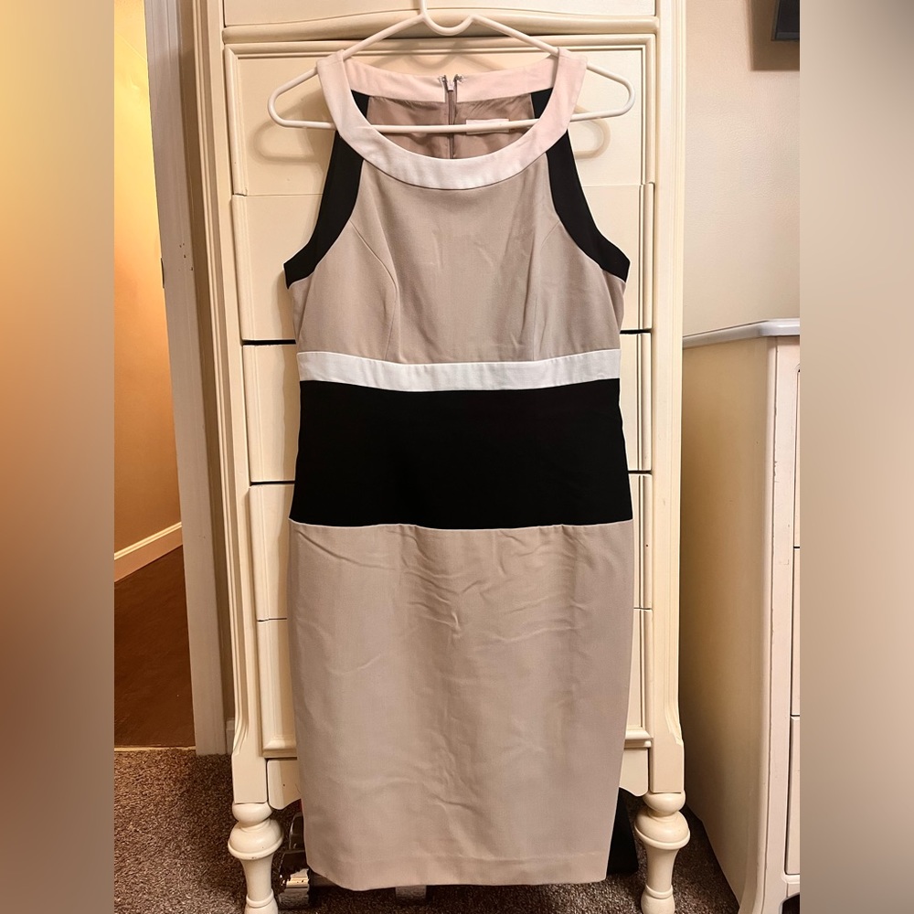 Calvin Klein Beige/Black/White Midi Dress (Size 10)